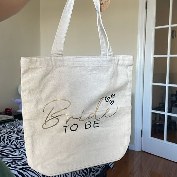 New Eccolo gold lettering bride to be heart simple beige canvas mini tote bag - Picture 7 of 10